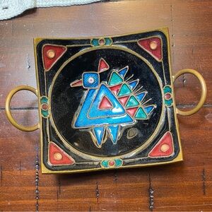 Vintage enamel bird copper curved trinket dish